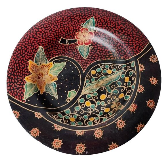 Vintage Other - Vintage Indonesian Folk Art Round Large Wood Floral Decorative Bowl Handmade